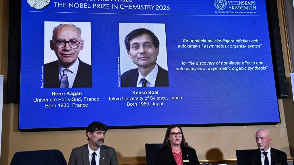 法國學者卡甘與日本學者硤合憲三共同獲得2026年諾貝爾化學獎。 美聯社