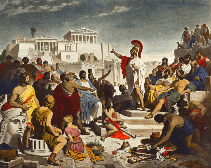 古希腊哲学家亚里斯多德的作品《雅典政制》描述了古雅典的政治制度。雅典式民主或古希腊式民主是在公元前508年于古希腊城邦雅典（包括雅典的中心城邦及其周边的阿提卡地区）发展出的一套民主体系。雅典也因此成为最早的民主政体之一。伯里克利（Pericles）在希波战争后的废墟中重建雅典，扶植文化艺术，现存的很多古希腊建筑都是在他的时代所建。图为伯里克利在伯罗奔尼撒战争爆发后发表葬礼演说，这场战争结束了雅典和雅典式民主的古典时代，并永久地改变了希腊文明。 