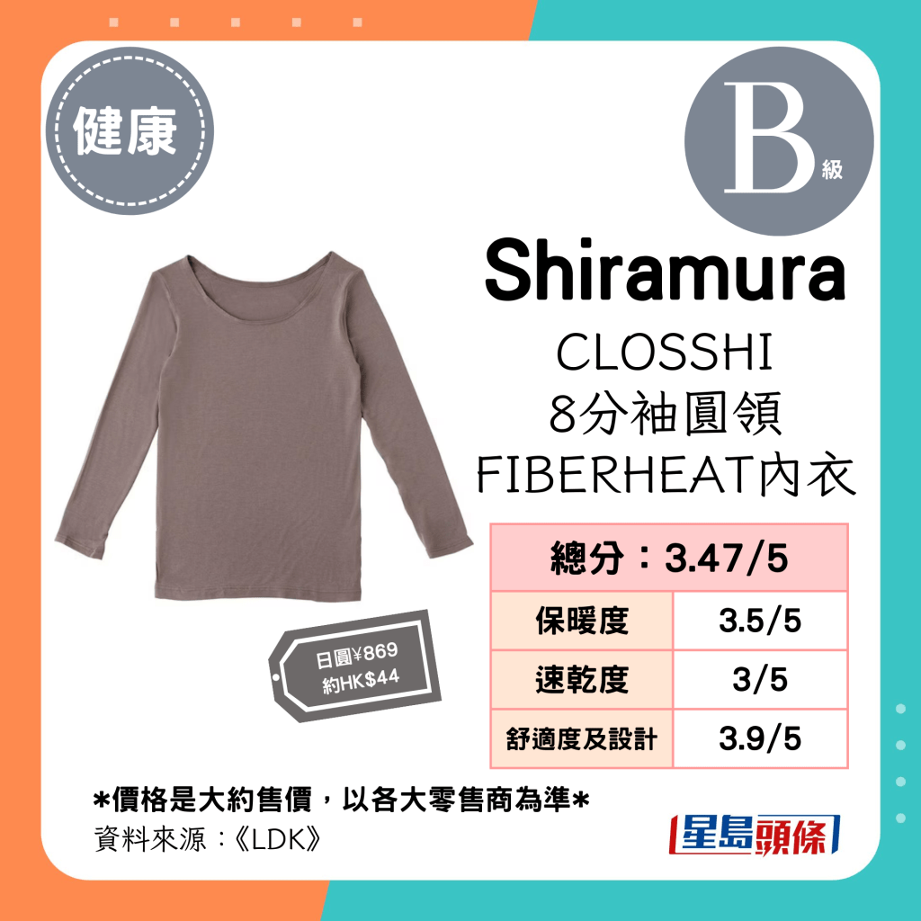 「Shiramura」CLOSSHI 8分袖圆领FIBERHEAT内衣 总分：3.47；保暖度：3.5