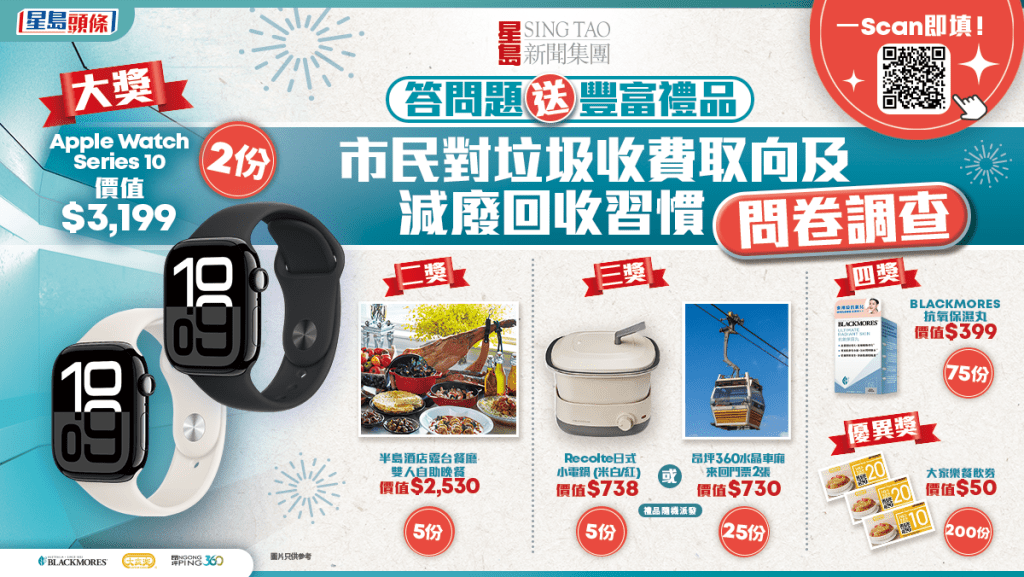 答問題送Apple Watch  「市民對垃圾收費取向及減廢回收習慣」問卷調查
