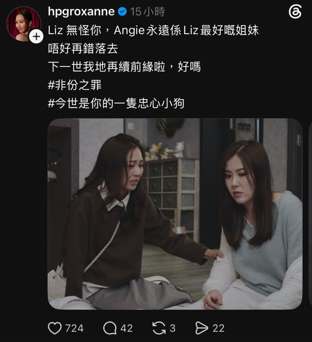 何沛珈於《非份之罪》播畢後於社交媒體分享多張劇照。