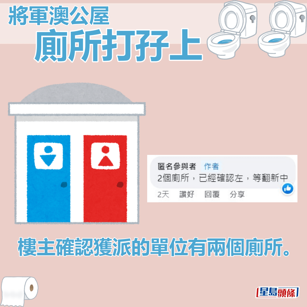 楼主指获派的单位有两个厕所。fb「公屋讨论区 - 香港facebook群组」截图