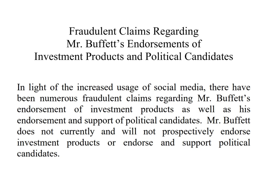 巴菲特在旗下投資旗艦巴郡網站上發表聲明，希望為網絡上關於巴菲特支持政治候選人和投資產品的傳言劃上句號。