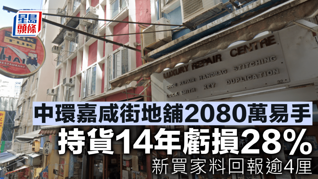 中環嘉咸街地舖2080萬易手 持貨14年虧損28% 新買家料回報逾4厘