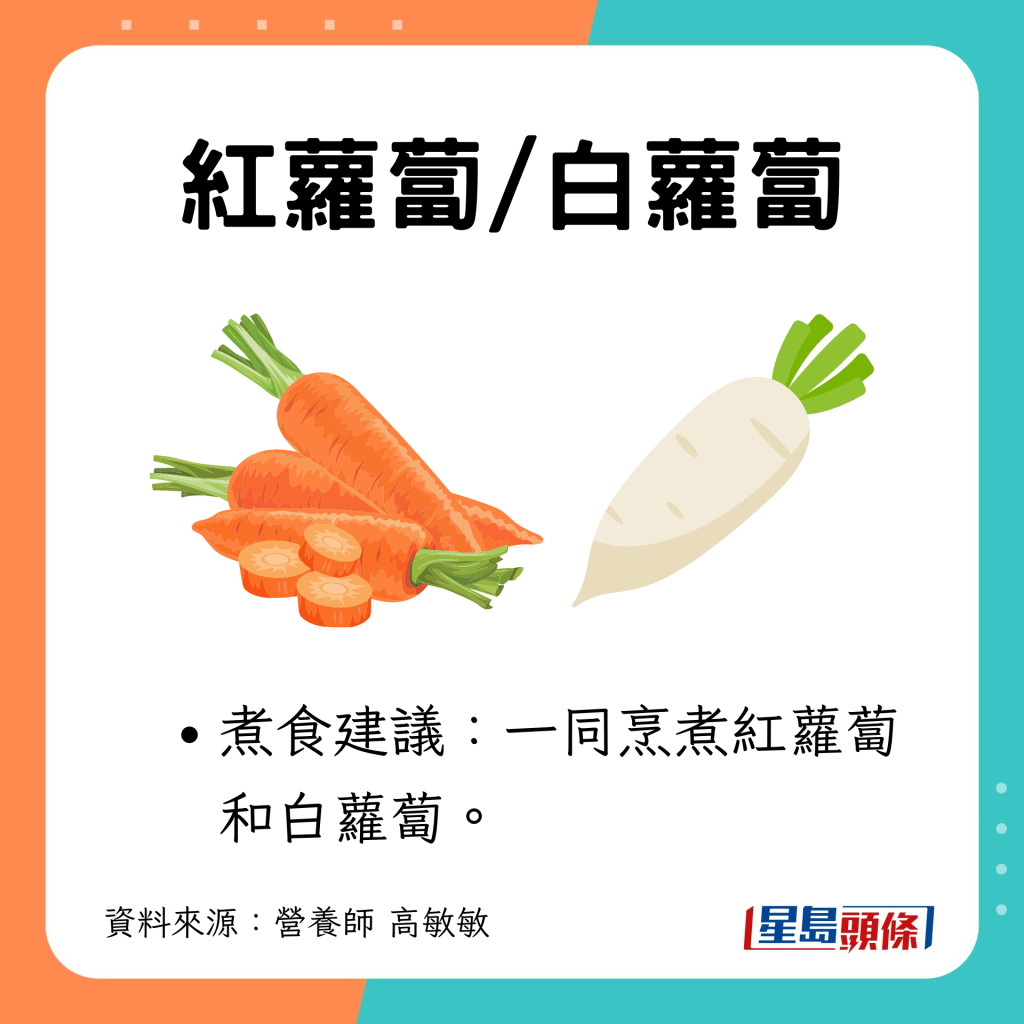 耐放蔬菜7｜紅蘿蔔/白蘿蔔：煮食建議：一同烹煮紅蘿蔔和白蘿蔔。