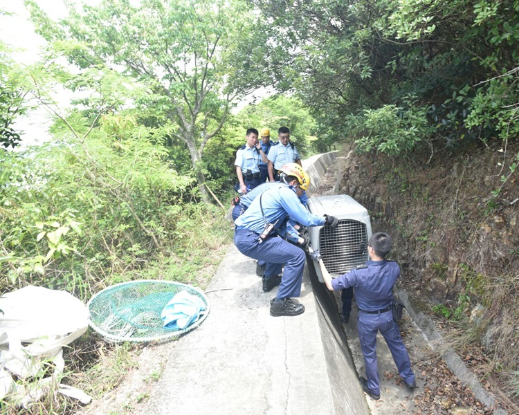 消防及爱护动物协会到埸，救牠救起放入笼内。杨伟亨摄
