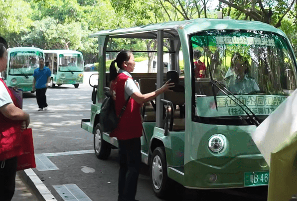 觀光車採用淡雅的莫蘭迪色系綠色主基調塗裝。