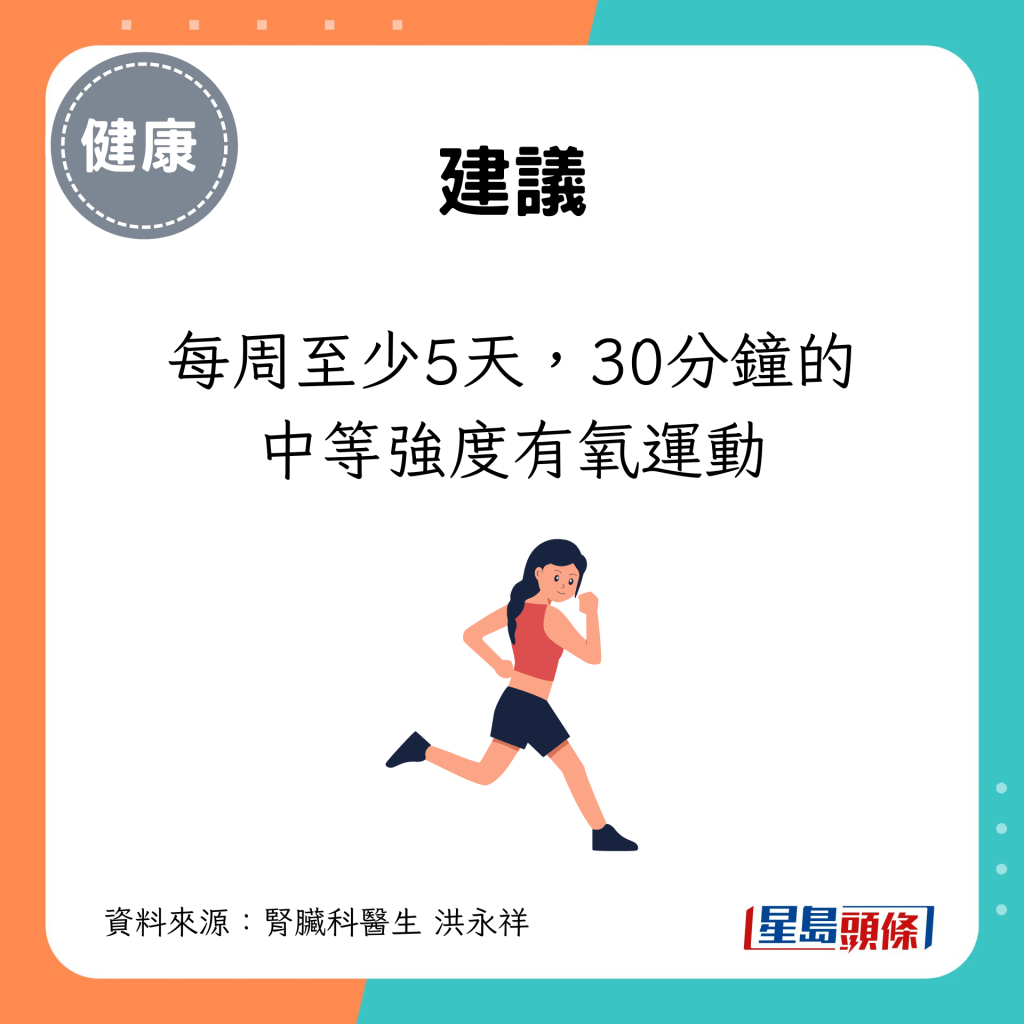 每周至少5天，30分鐘的中等強度有氧運動