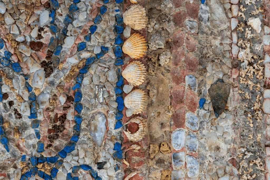 馬賽克壁畫中使用的石塊、貝殼和其他材料的特寫照片。 意大利文化部
