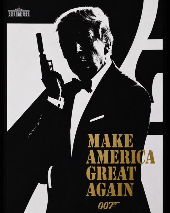 「特朗普版007」風格黑白海報惹熱議。X@WhiteHouse