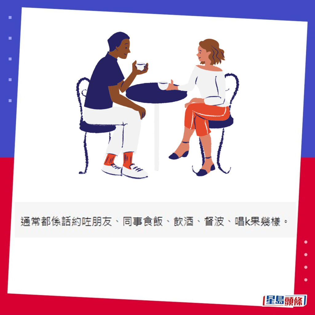網民：通常都係話約咗朋友、同事食飯、飲酒、篤波、唱k（卡拉OK）嗰幾樣。「香港討論區」截圖