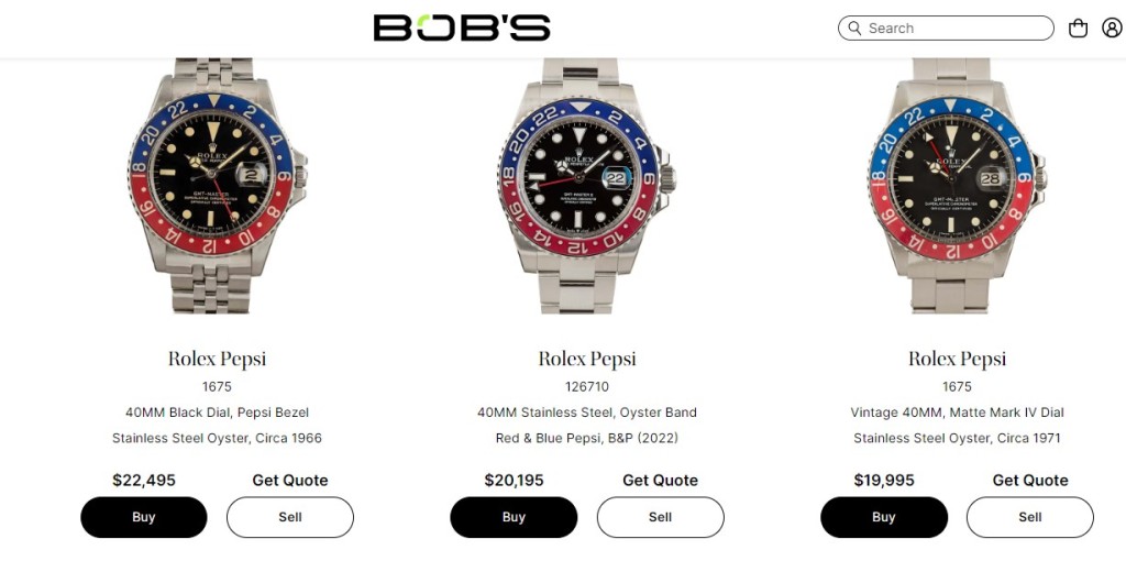 北美最大線上腕錶轉售網站之一Bob's Watches網站顯示，部份「百事圈」開價2.2萬美元以上。
