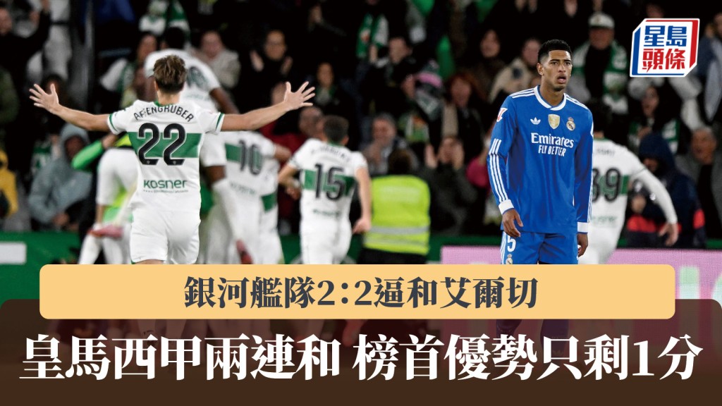 西甲｜皇马2：2逼和艾尔切 联赛两连和榜首优势只剩1分。路透社