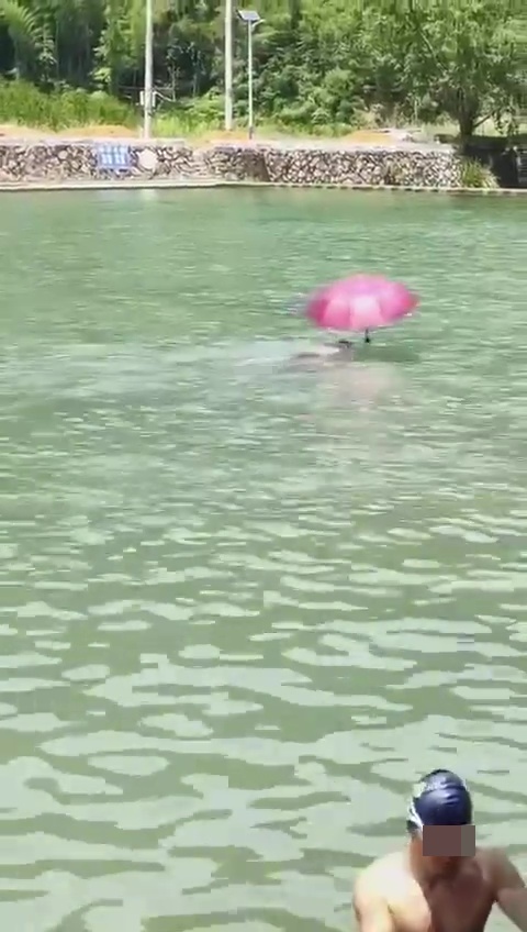 一把桃红色雨伞被拍摄到在河上游弋。网上截图