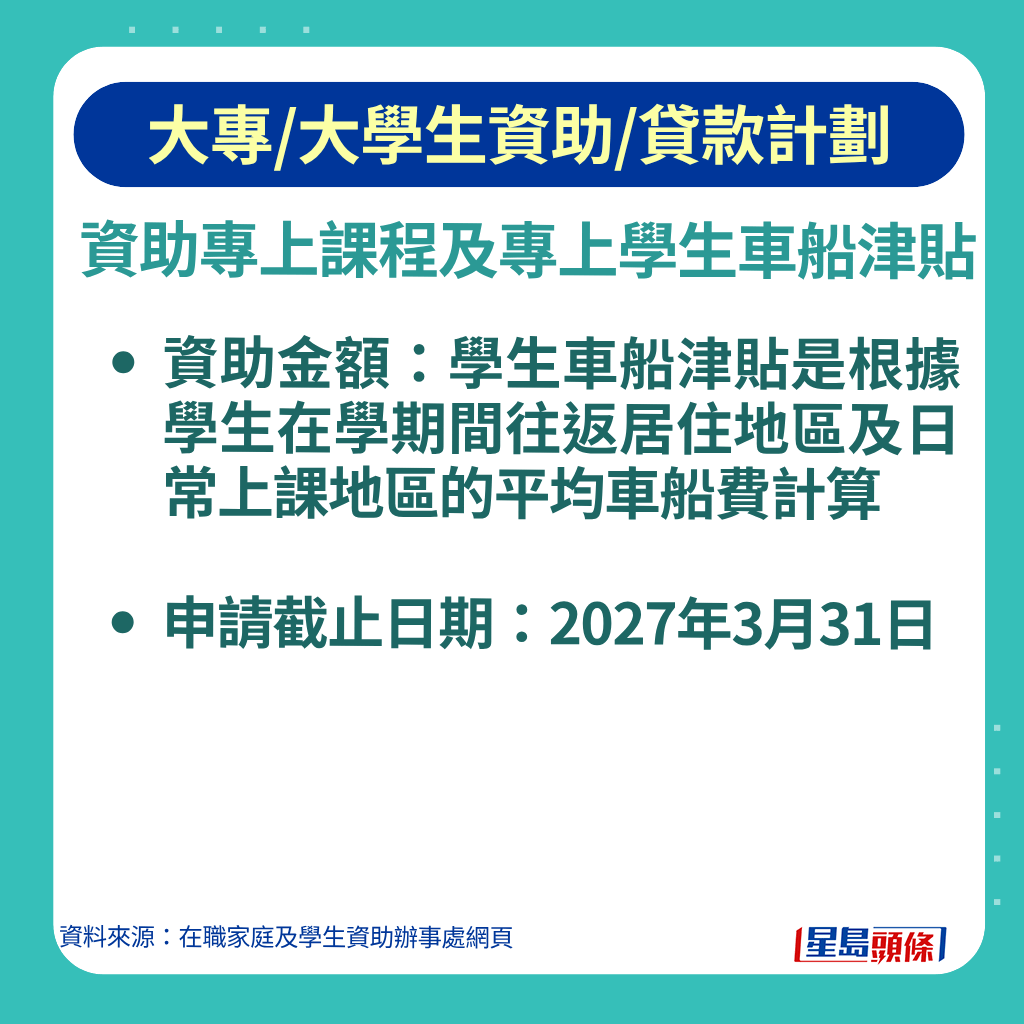 資助金額為學生車船津貼是根據學生在學期間往返居住地區及日常上課地區的平均車船費計算