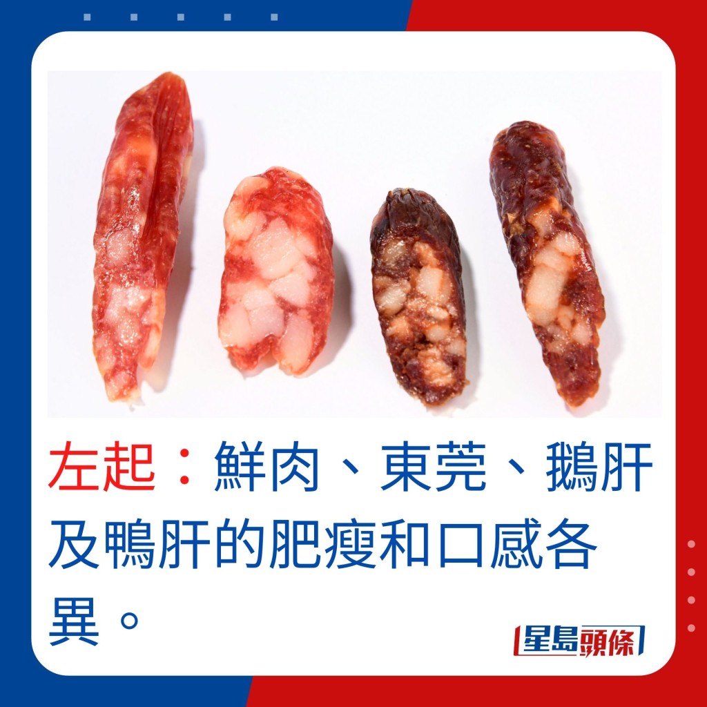 左起：鲜肉、东莞、鹅肝及鸭肝的肥瘦比例各异，口感也不同。