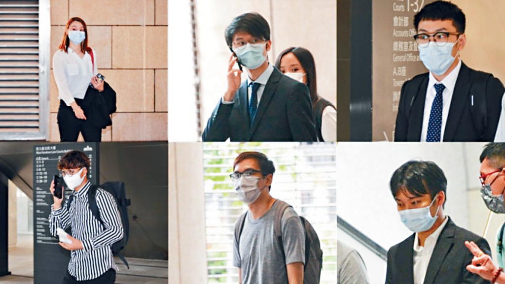 案中部分被告由上左至右:林施雅、利文熙、冼宏俊。下圖左至右：梁卓鋒、伍偉楠、何英傑。