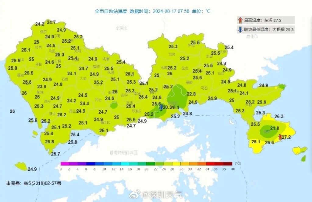 深圳有間歇性陣雨，最高氣溫29℃左右。