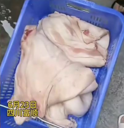 家長圍堵校門外，追究飯堂疑使用劣質豬肉。抖音＠福海揚帆