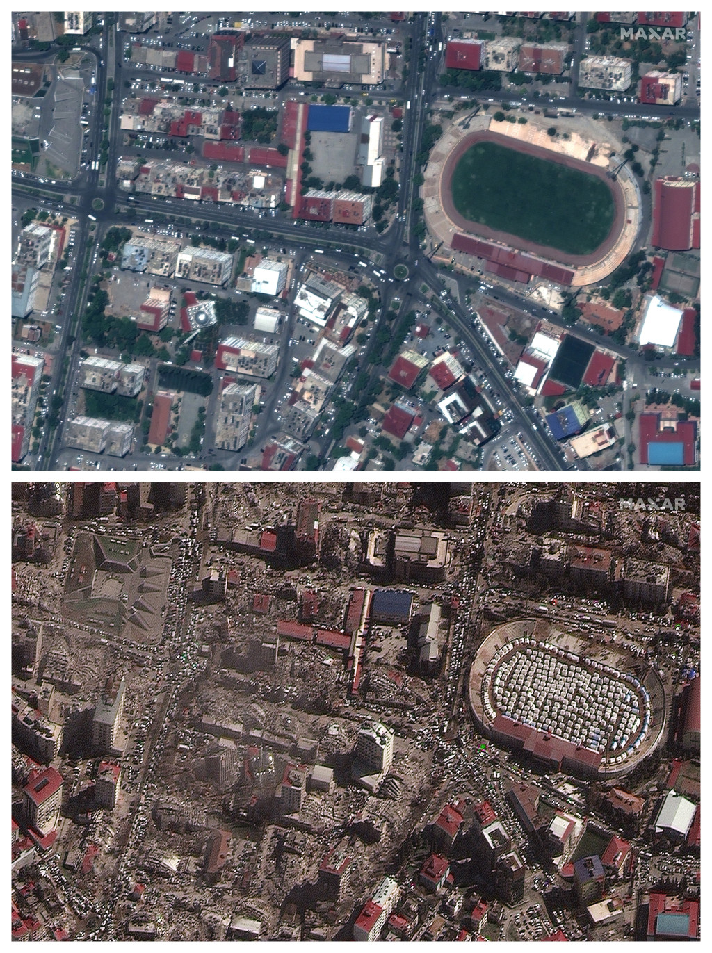 2022年7月26日和2023年2月8日的衛星對比照，可見卡赫拉曼馬拉什市中心的建築物和體育場地震前後的比較。AP