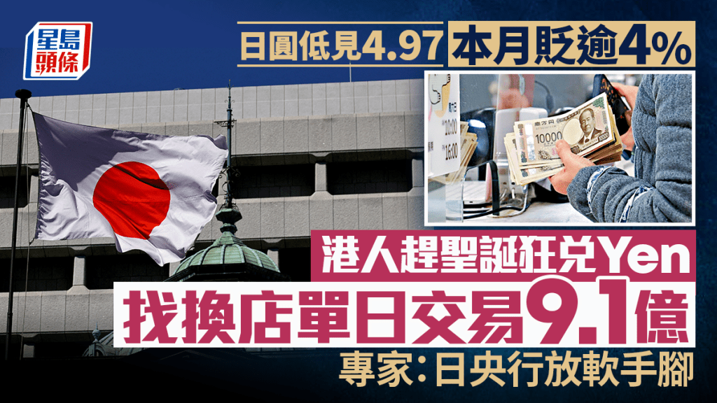 日圓低見4.97 本月貶逾4% 港人趕聖誕狂兌Yen 找換店單日交易9.1億 專家：日央行放軟手腳