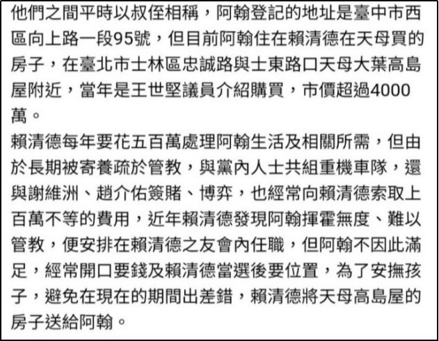 網民David Lu貼出賴清德有私生子的帖文。(平台X)