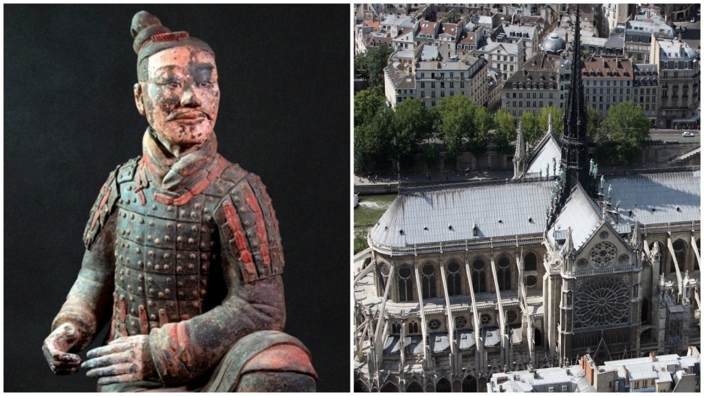 秦兵馬俑和巴黎聖母院均是世界著名文物古蹟。