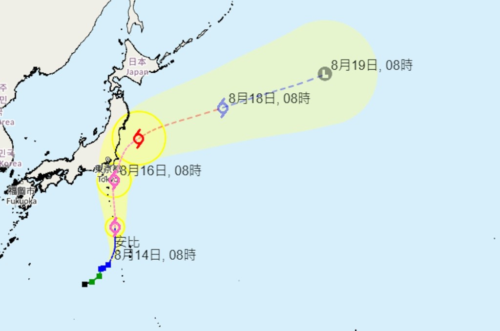 香港天文台8月14日預測颱風安比的路徑圖。 香港天文台