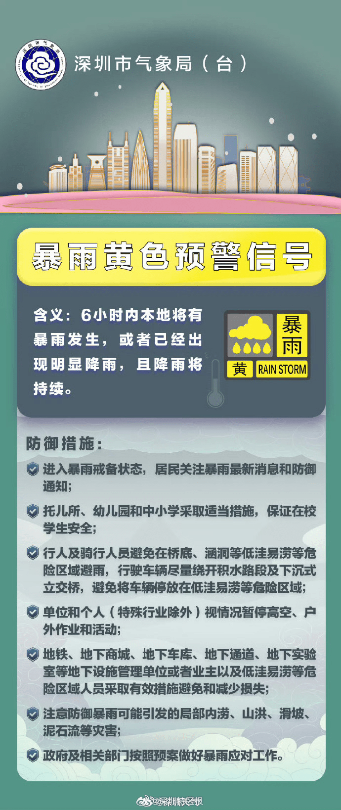 深圳多區發布暴雨黃色預警。 深圳多區發布暴雨黃色預警。