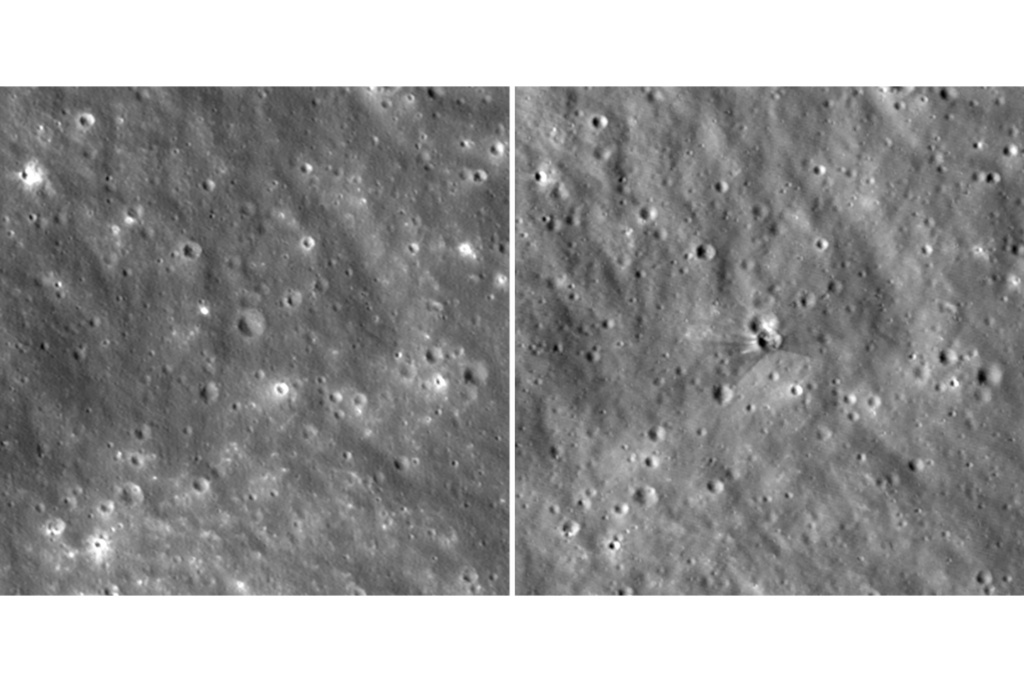 月球表面被SpaceX火箭撞擊前(左)後(右)比較圖。NASA 月球表面被SpaceX火箭撞擊前(左)後(右)比較圖。NASA