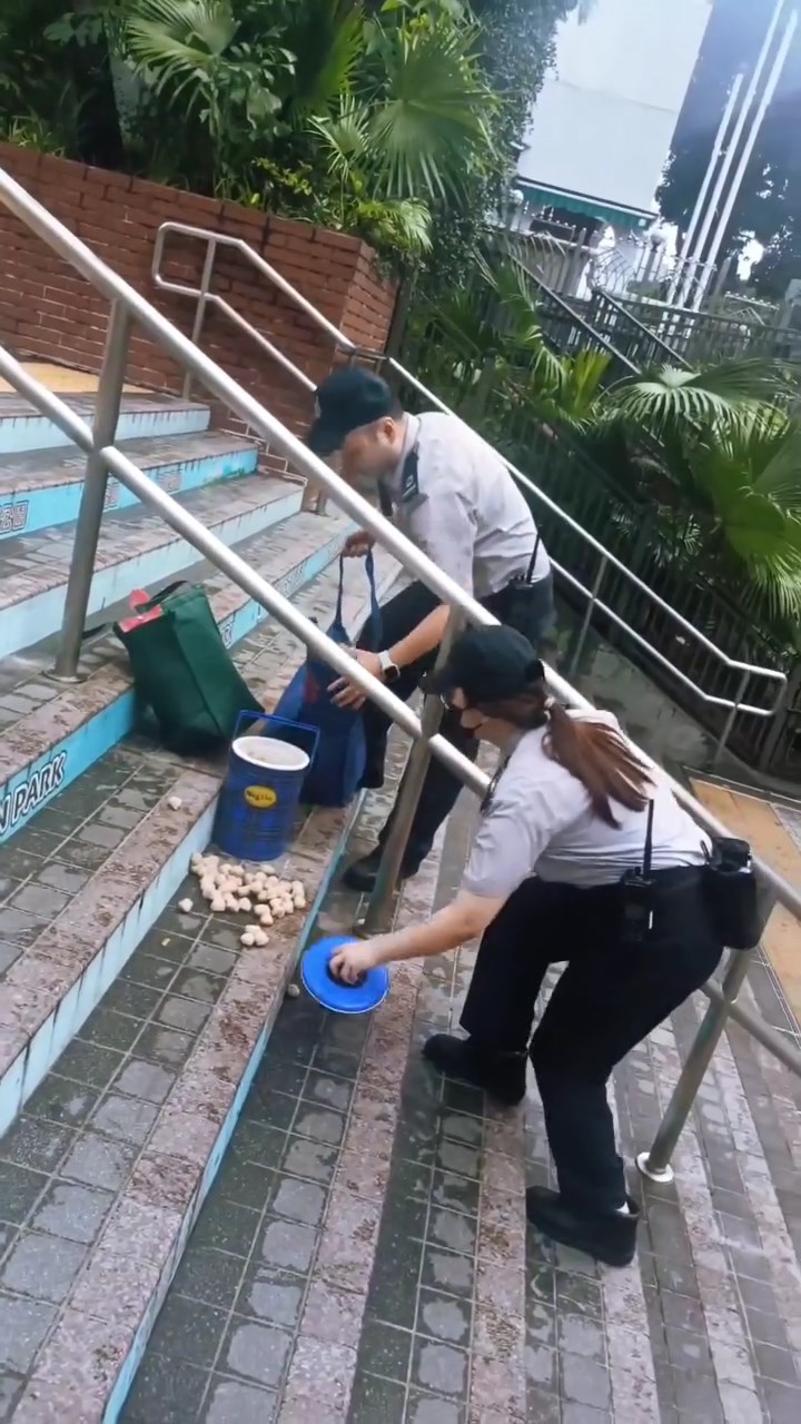 女子的物品散落一地,需要食環署人員執拾。網上片段截圖 女子的物品散落一地,需要食環署人員執拾。網上片段截圖
