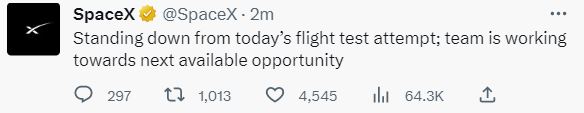 SpaceX在官方twitter发帖，宣布推迟发射。