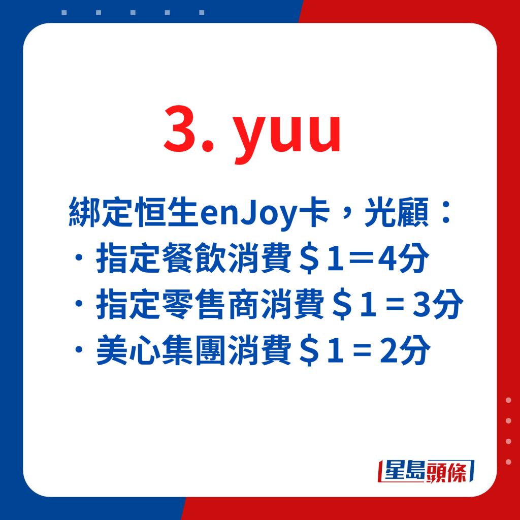 yuu会员绑定恒生enJoy卡，光顾指定餐饮消费＄1＝4分、指定零售商消费＄1 = 3分、美心集团消费＄1 = 2分