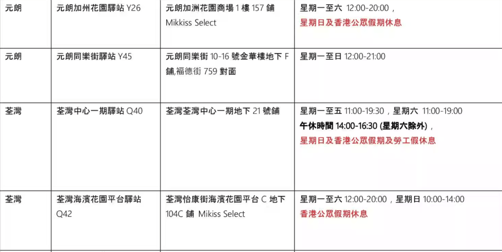 適用自提點地址（新界區）