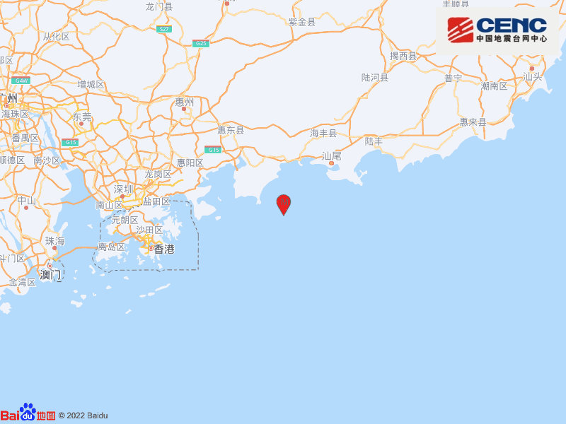 地震震央位於惠東對開海域。中國地震台網