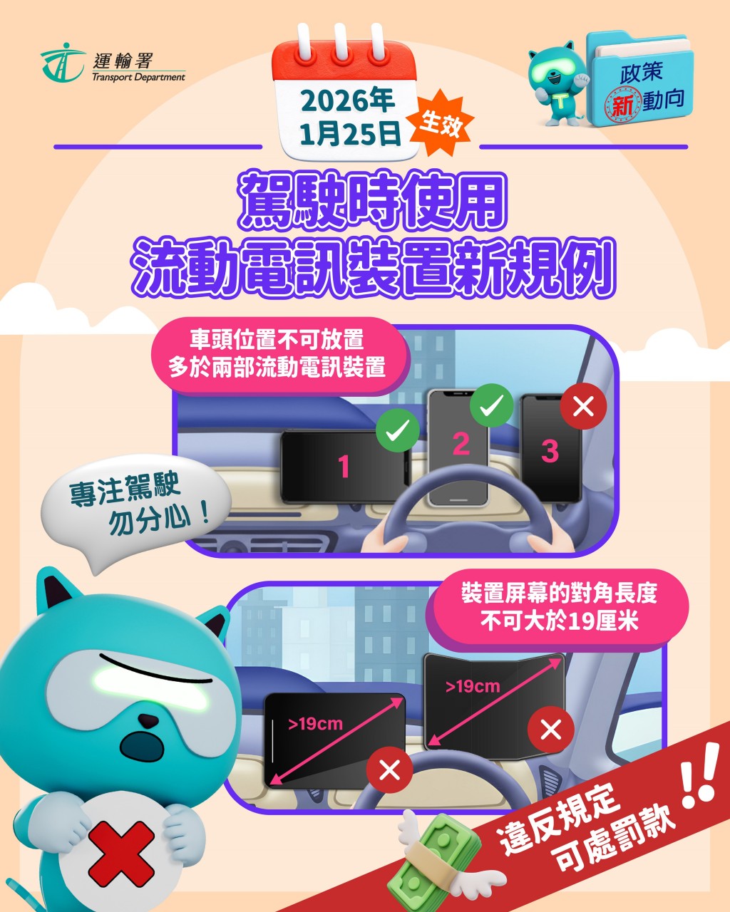 新規定下，司機駕駛時最多只可以使用兩部流動通訊設備，顯示屏對角長度不可大於19厘米（約7.48吋）。