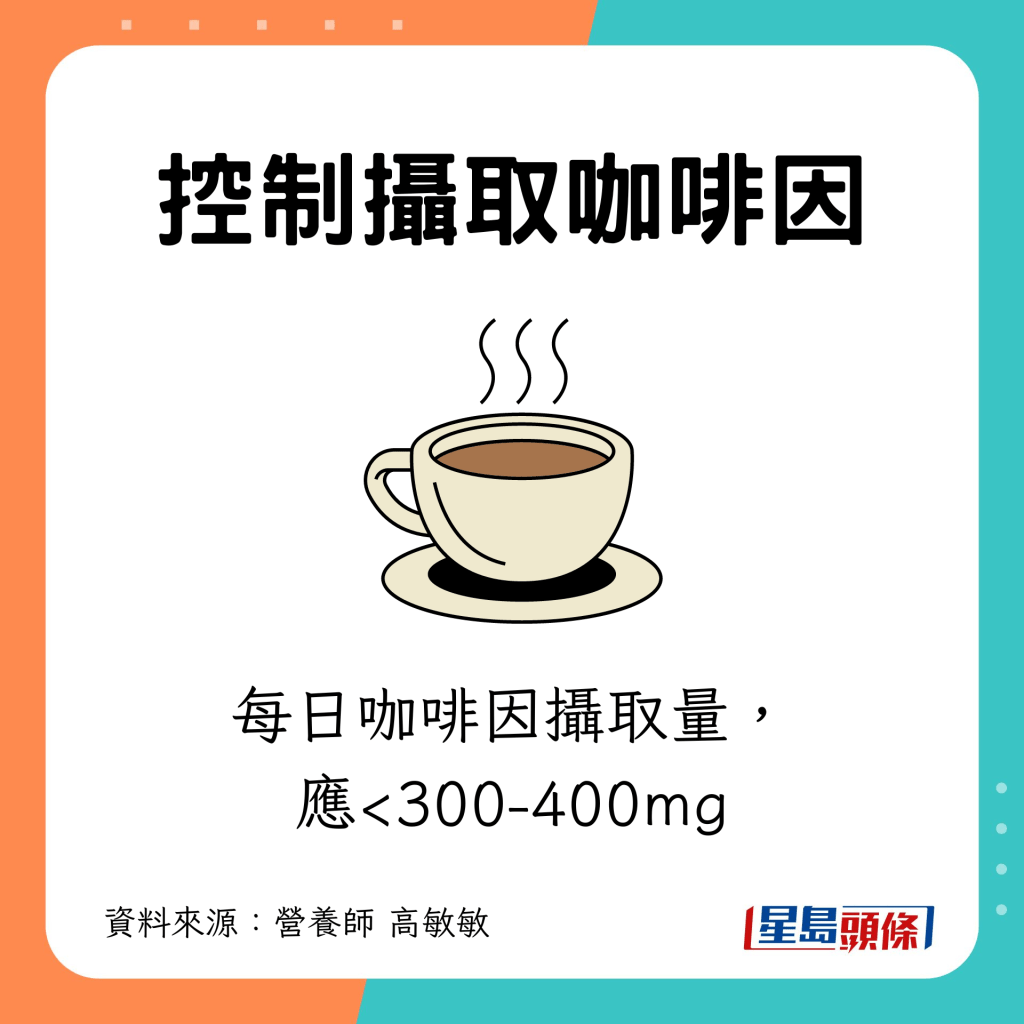 每日咖啡因攝取量， 應<300-400mg