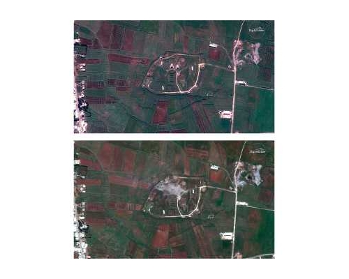 人造衛星圖片顯示敘利亞境內一些設施受到廣泛破壞（下圖），上圖為未被空襲前設施完好。網圖