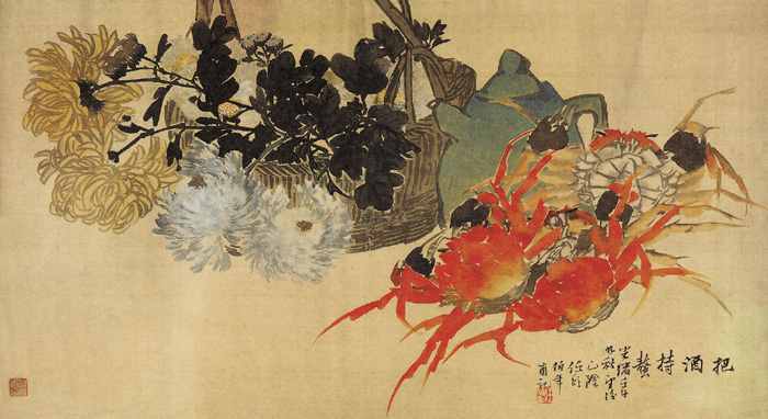 把酒賞菊與品蟹是寒露的合時活動。圖為清任頤的《把酒持螫圖》。 把酒賞菊與品蟹是寒露的合時活動。圖為清任頤的《把酒持螫圖》。