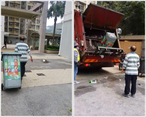 一名清潔工將「回收玻璃樽桶」內的玻璃容器倒入垃圾車。 網民Hongkee Yuen圖