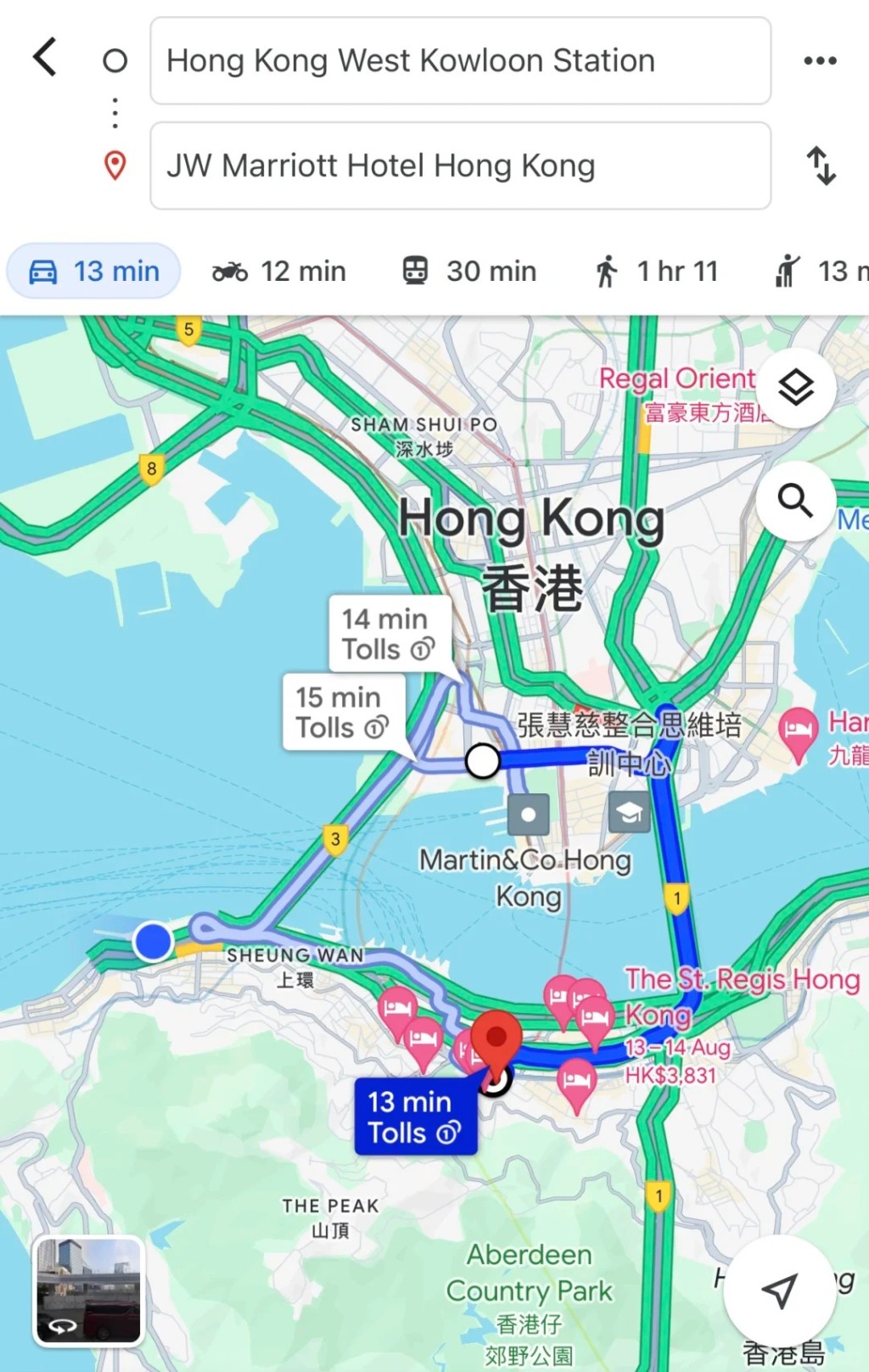 事主上载从西九龙高铁站往港岛酒店的路程。小红书图片