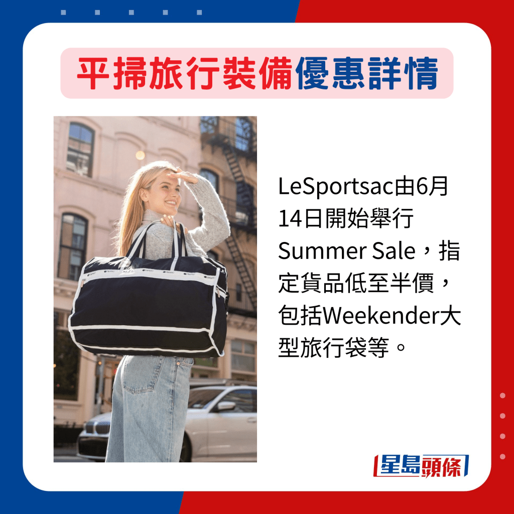 LeSportsac由6月14日開始舉行Summer Sale，指定貨品低至半價，包括Weekender大型旅行袋等。