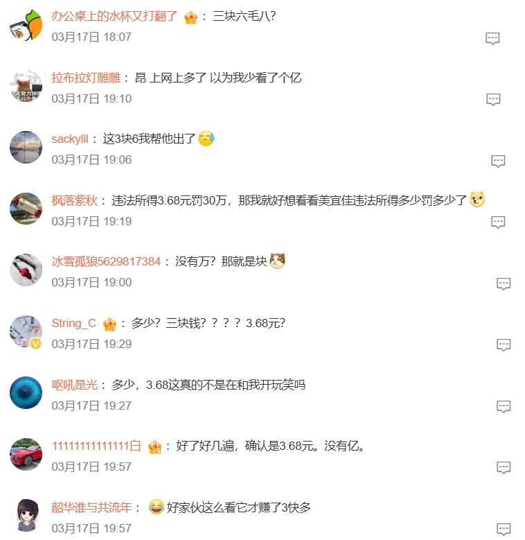 網民熱議有關「沒收違法所得3.68元」。