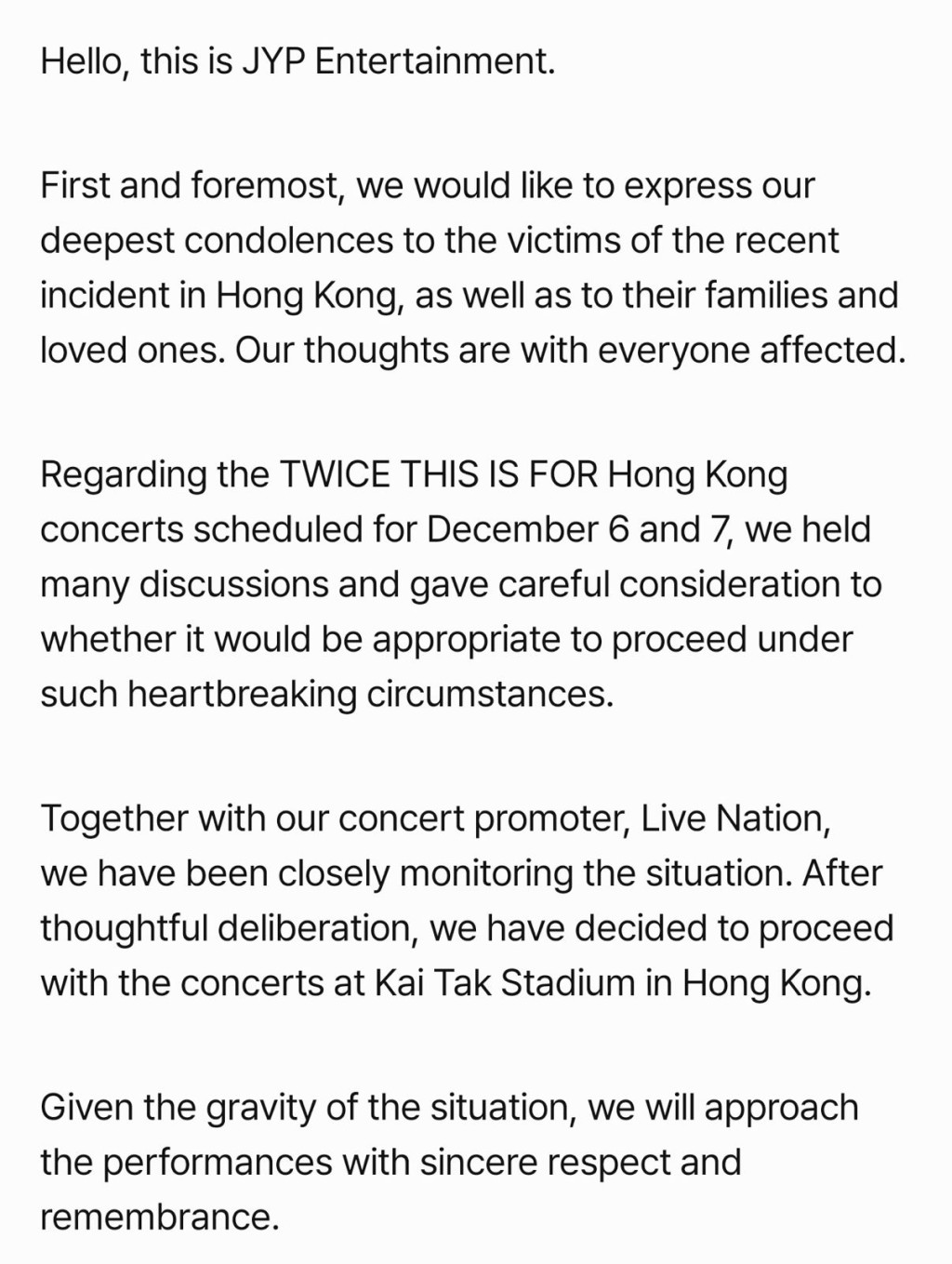 JYP發布公告指TWICE成員對香港火災深感哀痛。 JYP發布公告指TWICE成員對香港火災深感哀痛。