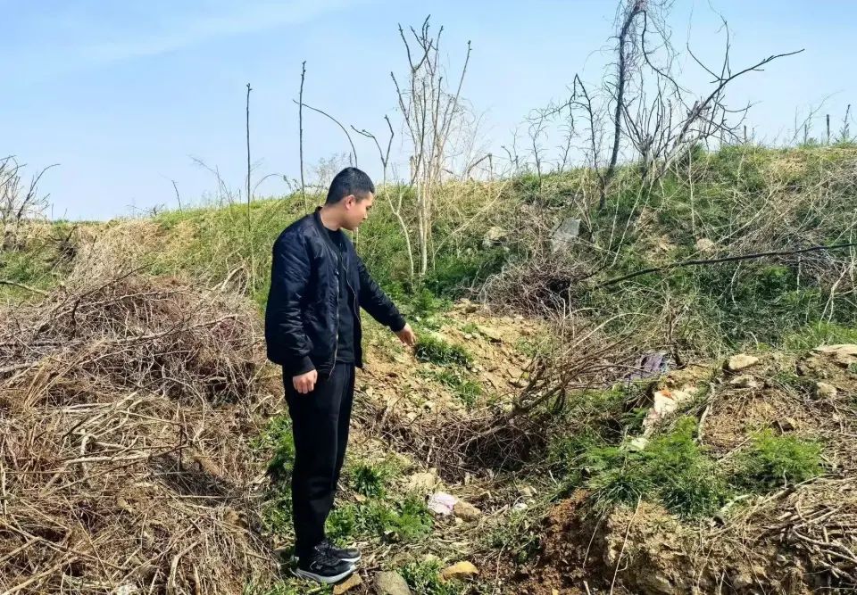 田先生展示母親被掩埋的荒地。《瀟湘晨報》 田先生展示母親被掩埋的荒地。《瀟湘晨報》