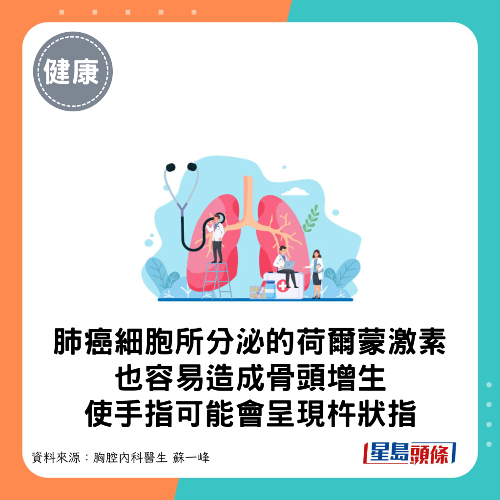 肺癌細胞所分泌的荷爾蒙激素也容易造成骨頭增生，使手指可能會呈現「杵狀指」。