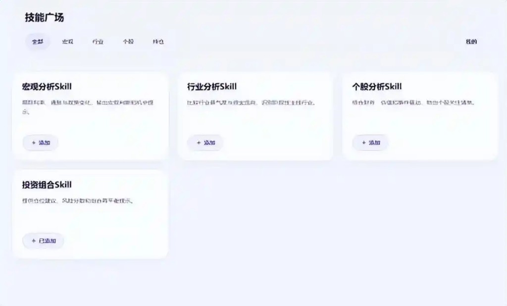 WindClaw 技能廣場：預置高頻投研場景，模塊化邏輯，開箱即用。