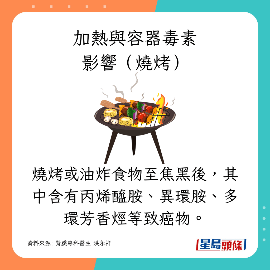 燒烤或油炸食物至焦黑後，其中含有丙烯酰胺、異環胺、多環芳香烴等致癌物。