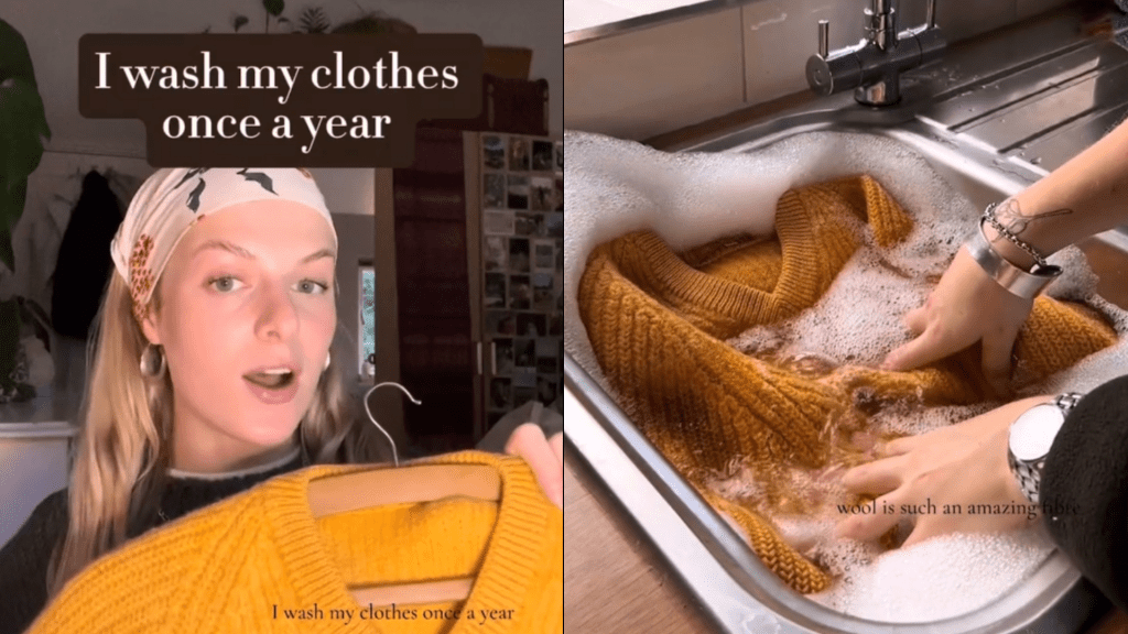 英國女子西德尼（Cydney）分享慳水心得，羊毛衫一年只洗一次。 TikTok