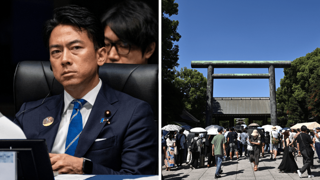 日本戰敗投降80周年，農相小泉進次郎參拜靖國神社。法新社